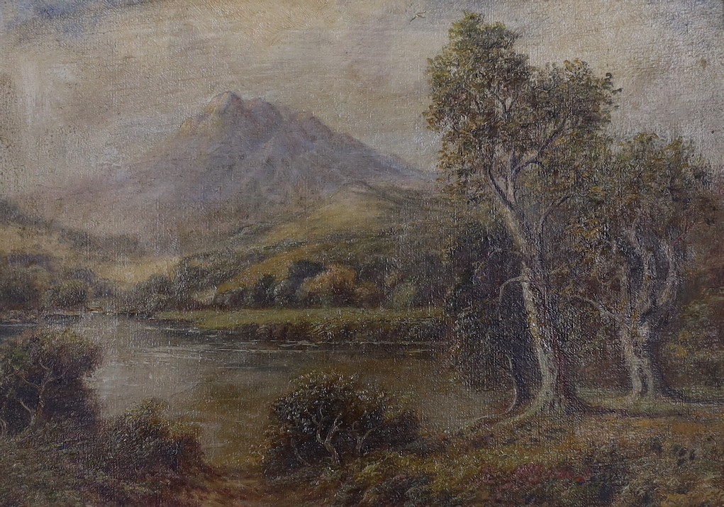 Victorian School, two oils; a mountainous landscape, a subject view of ruins amongst a river, together with two watercolours; a standing female in gaze, and a woodland walk. Largest 24 x 34cm